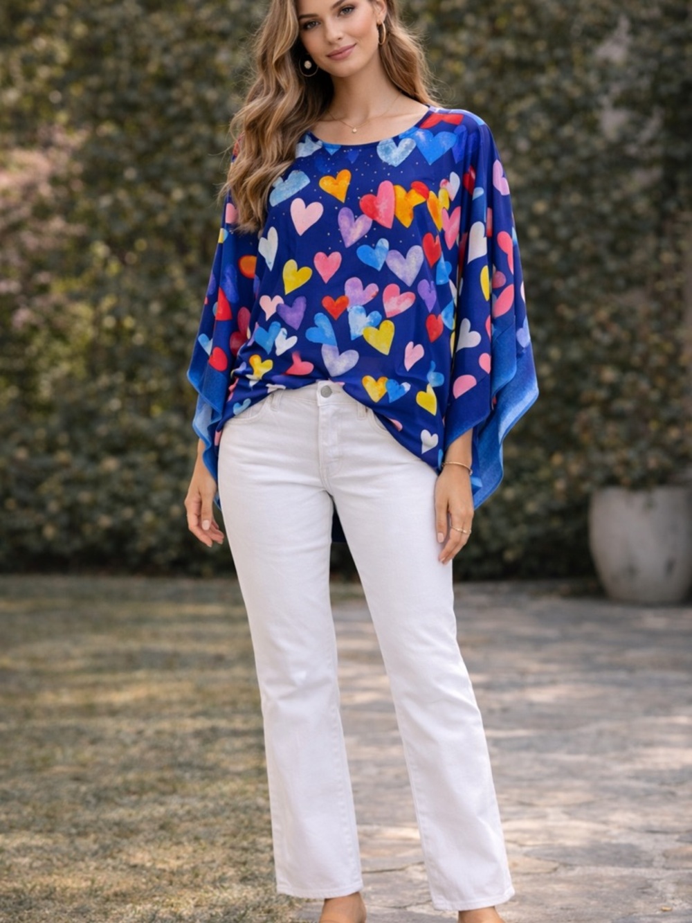 Quacker Factory NWT Embellished Heart Print Flowy Top Size XS Boho Poncho Bling